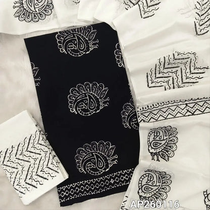 Black hand block printed pure mul cotton unstitched salwar material,(lining optional)hand block printed white cotton bottom,block printed full length mul cotton dupatta. (TAPINGS NEEDED, INCONSISTENT PRINTS ARE NOT DEFECTS) AP260116