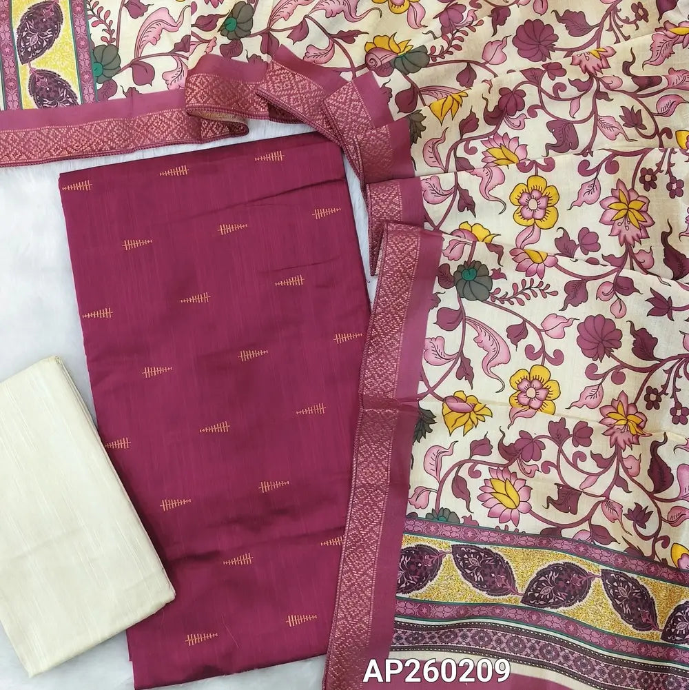 Rani pink slub silk cotton unstitched salwar material, zari buttas all over(lining needed)half white silk cotton bottom,digital printed fancy silk cotton dupatta with zari woven borders.AP260209