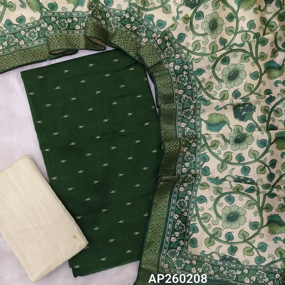 Dark green slub silk cotton unstitched salwar material, zari buttas all over(lining needed)half white silk cotton bottom,digital printed fancy silk cotton dupatta with zari woven borders.AP260208