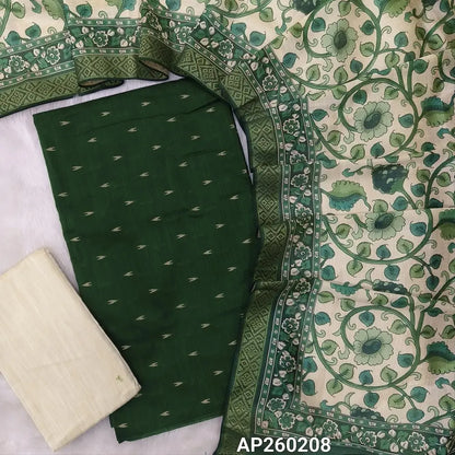 Dark green slub silk cotton unstitched salwar material, zari buttas all over(lining needed)half white silk cotton bottom,digital printed fancy silk cotton dupatta with zari woven borders.AP260208