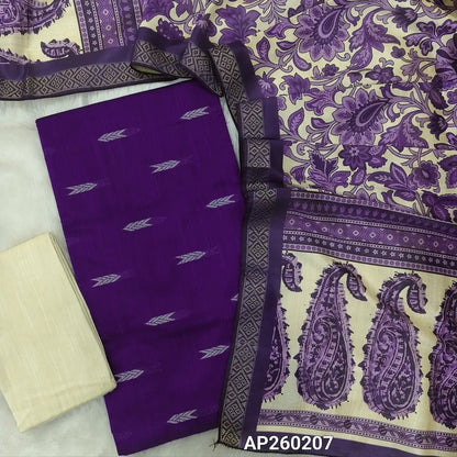 Violet slub silk cotton unstitched salwar material, zari buttas all over(lining needed)half white silk cotton bottom,digital printed fancy silk cotton dupatta with zari woven borders.AP260207
