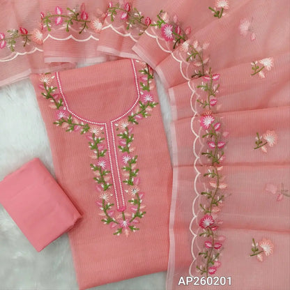 PREORDER : SHIPPING AFTER 10 DAYS Light pastel pink premium kota unstitched salwar material,thread embroidery work on yoke( thin,Lining Needed)matching cotton bottom,floral embroidery work on full length kota dupatta.AP260201