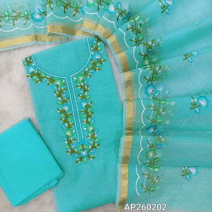 Pastel blue premium kota unstitched salwar material,thread embroidery work on yoke( thin,Lining Needed)matching cotton bottom,floral embroidery work on full length kota dupatta.AP260202