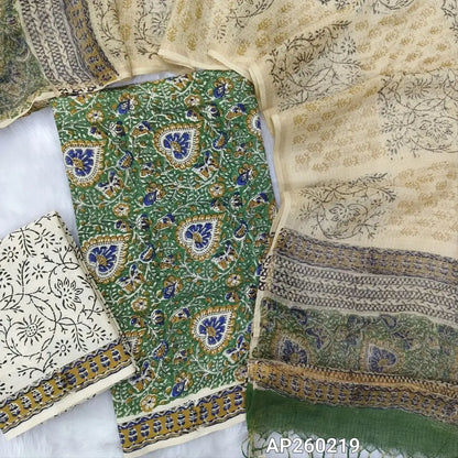 Green hand block printed pure mul cotton unstitched salwar material, (lining optional) handblock printed cotton bottom,hand block printed kota dupatta with tissue border.(TAPINGS NEEDED, INCONSISTENT PRINTS ARE NOT DEFECTS) AP260219