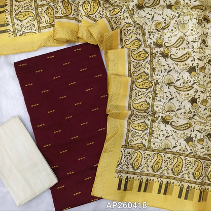 Dark maroon slub silk cotton unstitched salwar material, zari buttas all over( textured,lining needed)half white silk cotton bottom,digital printed fancy silk cotton dupatta with zari woven borders. AP260418