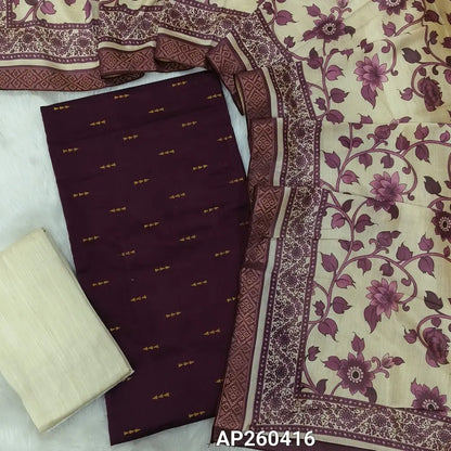 Deep wine slub silk cotton unstitched salwar material, zari buttas all over( textured,lining needed)half white silk cotton bottom,digital printed fancy silk cotton dupatta with zari woven borders. AP260416