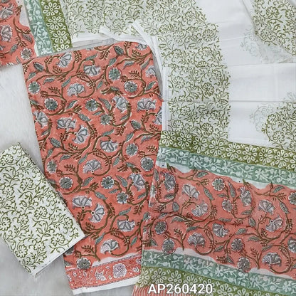 Pastel peach hand block printed pure mul cotton unstitched salwar material, (lining optional) handblock printed cotton bottom,hand block printed soft mul cotton dupatta. (TAPINGS NEEDED, INCONSISTENT PRINTS ARE NOT DEFECTS) AP260420