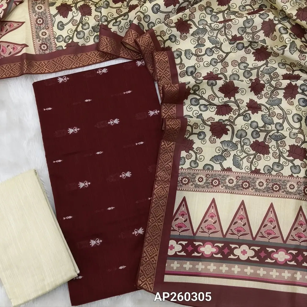 Dark maroon slub silk cotton unstitched salwar material, thread woven all over(lining needed)half white silk cotton bottom,digital printed fancy silk cotton dupatta with zari woven borders. AP260305