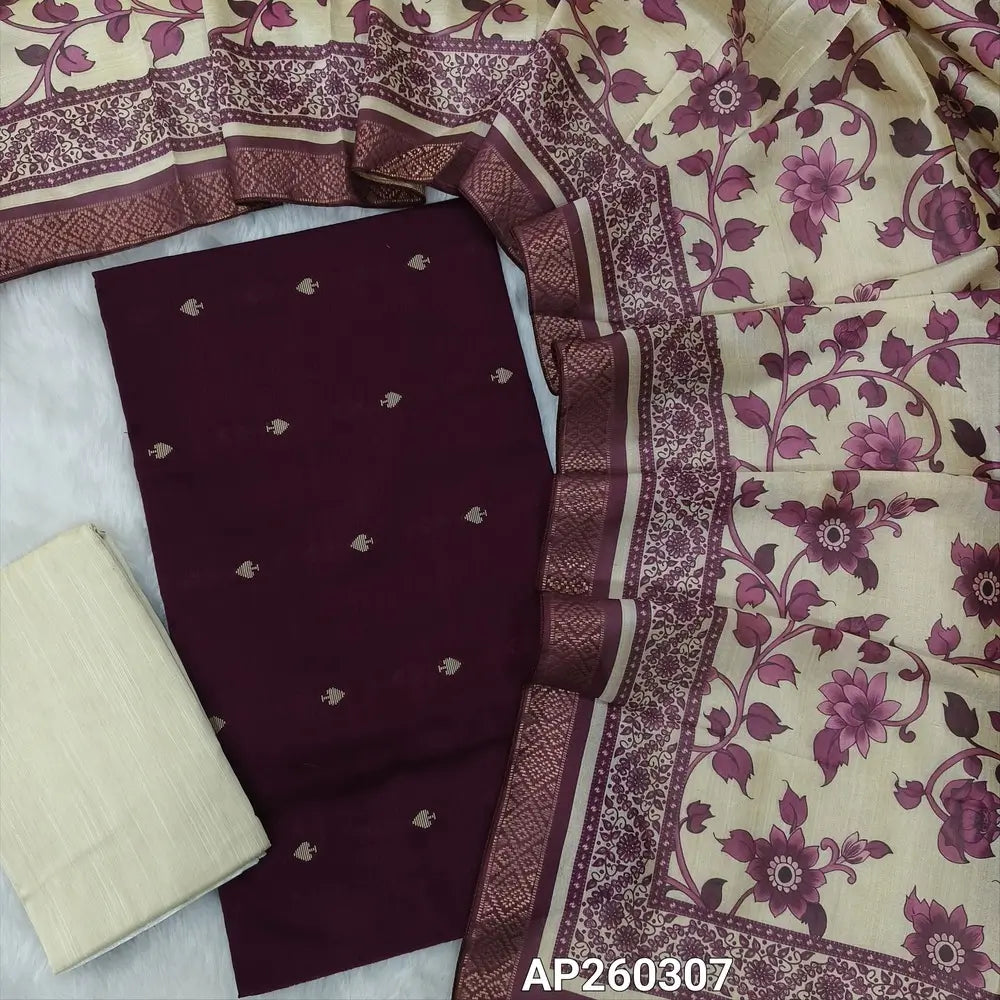 Deep wine purple slub silk cotton unstitched salwar material, thread woven all over(lining needed)half white silk cotton bottom,digital printed fancy silk cotton dupatta with zari woven borders.AP260307