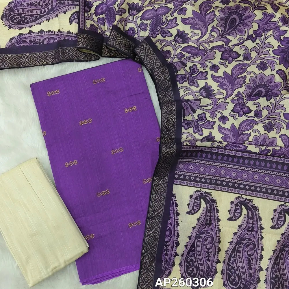 Light purple slub silk cotton unstitched salwar material, zari woven all over(lining needed)half white silk cotton bottom,digital printed fancy silk cotton dupatta with zari woven borders. AP260306