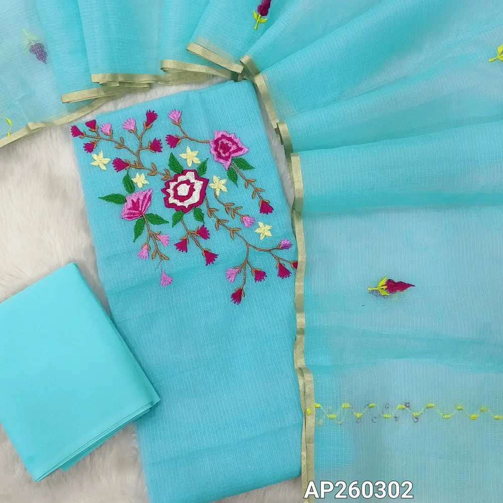 Pastel blue premium kota unstitched salwar material,rich embroidery work on yoke(Lining Needed)matching cotton bottom,embroidery work on full length kota dupatta. AP260302