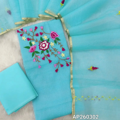 Pastel blue premium kota unstitched salwar material,rich embroidery work on yoke(Lining Needed)matching cotton bottom,embroidery work on full length kota dupatta. AP260302