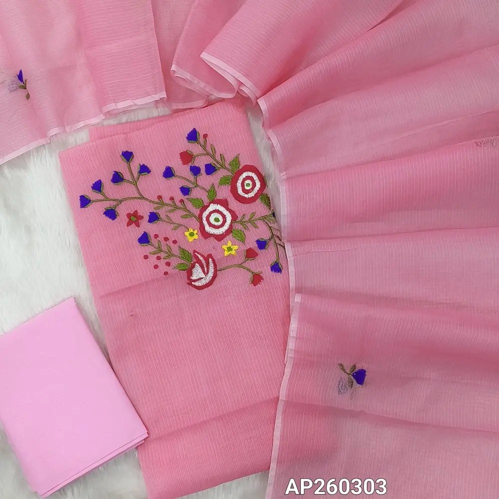 Pastel pink premium kota unstitched salwar material,rich embroidery work on yoke(Lining Needed)matching cotton bottom,embroidery work on full length kota dupatta. AP260303