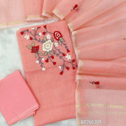 PREORDER: SHIPPING AFTER 10 DAYS Light peachish pink premium kota unstitched salwar material,rich embroidery work on yoke(Lining Needed)matching cotton bottom,embroidery work on full length kota dupatta. AP260304