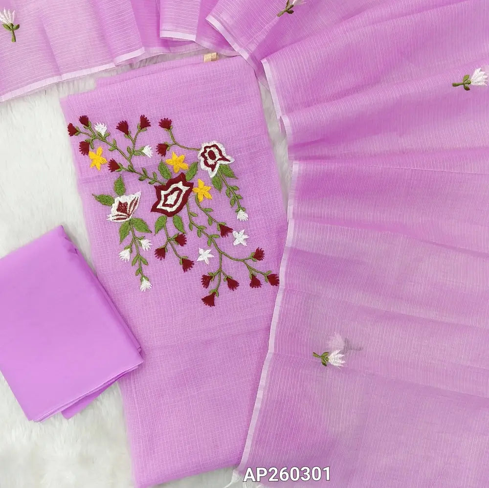 Light purplish pink premium kota unstitched salwar material,rich embroidery work on yoke(Lining Needed)matching cotton bottom,embroidery work on full length kota dupatta. AP260301