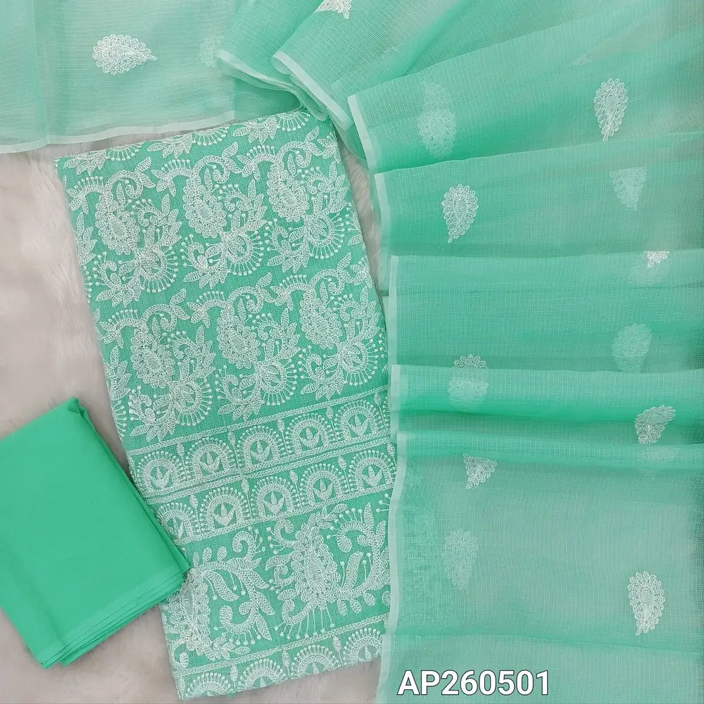 Pastel blue premium kota unstitched salwar material, thread embroidery work on front ( thin,Lining Needed) matching cotton bottom, rich thread embroidery work on full length kota dupatta. (TAPING NEEDED) AP260501