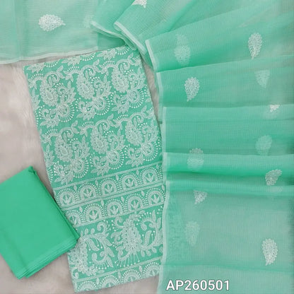 Pastel blue premium kota unstitched salwar material, thread embroidery work on front ( thin,Lining Needed) matching cotton bottom, rich thread embroidery work on full length kota dupatta. (TAPING NEEDED) AP260501