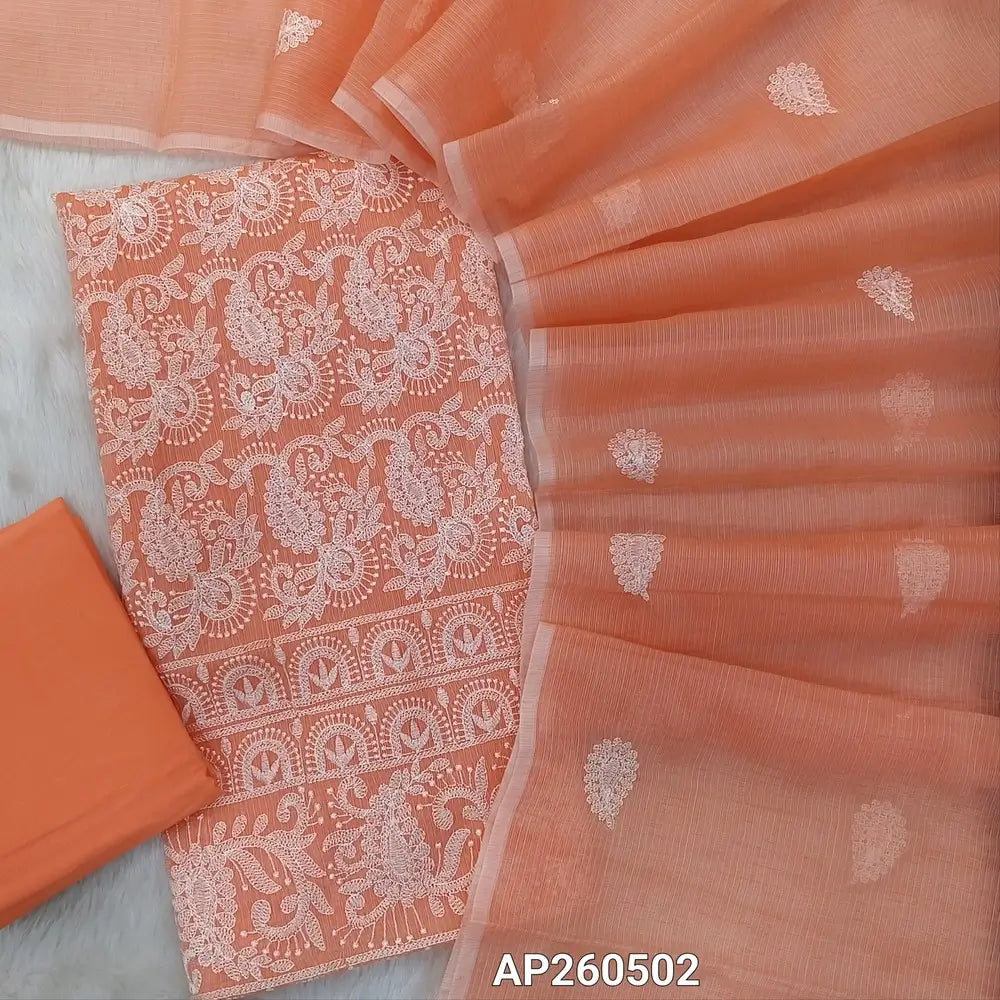 Dark peach premium kota unstitched salwar material, thread embroidery work on front ( thin,Lining Needed) matching cotton bottom, rich thread embroidery work on full length kota dupatta. (TAPING NEEDED) AP260502