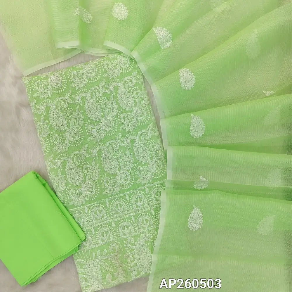 Green shade premium kota unstitched salwar material, thread embroidery work on front ( thin,Lining Needed) matching cotton bottom, rich thread embroidery work on full length kota dupatta. (TAPING NEEDED) AP260503