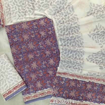 Light purple hand block printed pure mul cotton unstitched salwar material, (lining optional) handblock printed cotton bottom,hand block printed soft mul cotton dupatta. (TAPINGS NEEDED, INCONSISTENT PRINTS ARE NOT DEFECTS) AP260514