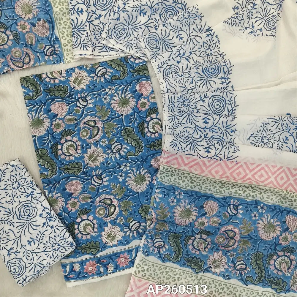 Blue hand block printed pure mul cotton unstitched salwar material, (lining optional) handblock printed cotton bottom,hand block printed soft mul cotton dupatta. (TAPINGS NEEDED, INCONSISTENT PRINTS ARE NOT DEFECTS) AP260513