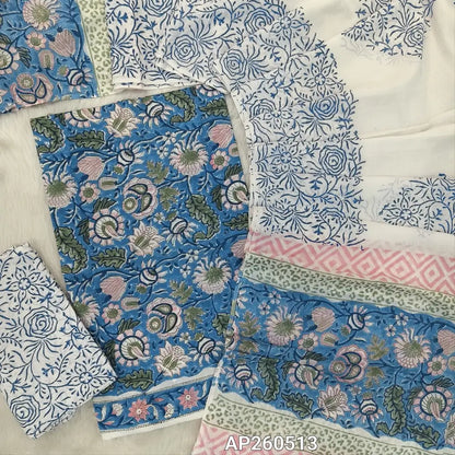 Blue hand block printed pure mul cotton unstitched salwar material, (lining optional) handblock printed cotton bottom,hand block printed soft mul cotton dupatta. (TAPINGS NEEDED, INCONSISTENT PRINTS ARE NOT DEFECTS) AP260513