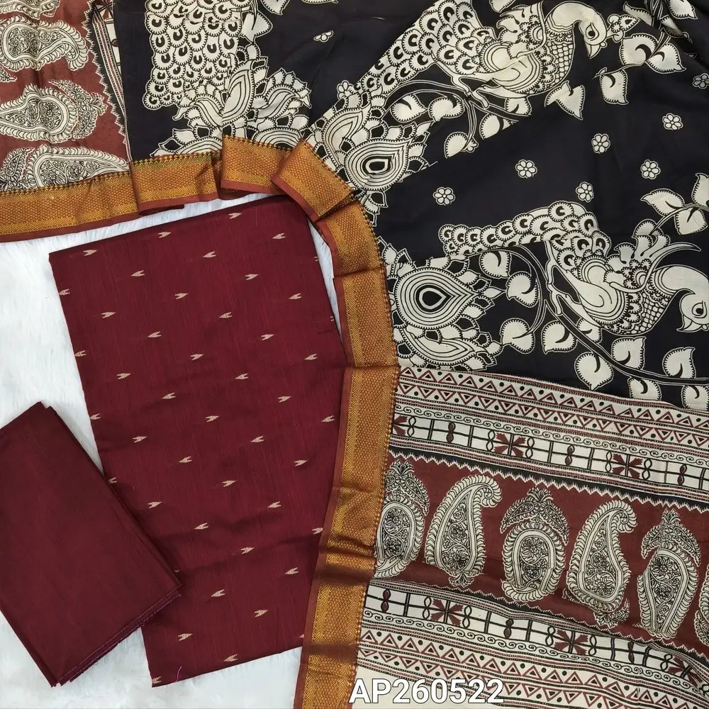 Dark maroon premium raw silk unstitched salwar material,thread weaving buttas all over, (textured, Lining needed) silk bottom, pen kalamkari chennuri silk dupatta with nizam borders (INCONSISTENT STAINS ARE NOT DEFECTS). AP260522