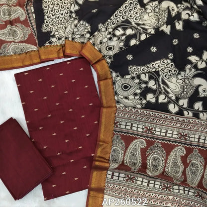 Dark maroon premium raw silk unstitched salwar material,thread weaving buttas all over, (textured, Lining needed) silk bottom, pen kalamkari chennuri silk dupatta with nizam borders (INCONSISTENT STAINS ARE NOT DEFECTS). AP260522
