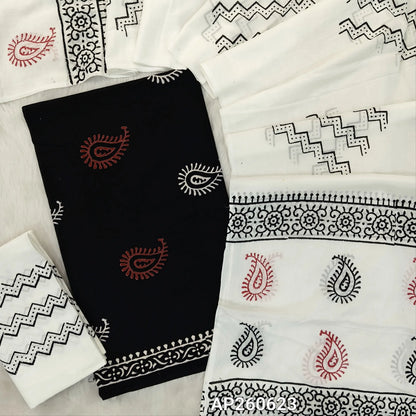 Black hand block printed pure mul cotton unstitched salwar material,(lining optional)hand block printed white cotton bottom,block printed full length mul cotton dupatta. (TAPINGS NEEDED, INCONSISTENT PRINTS ARE NOT DEFECTS) AP260623