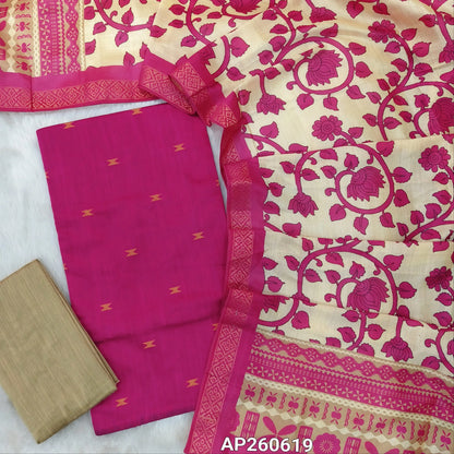 Rani pink slub silk cotton unstitched salwar material, thread buttas all over(lining needed)beige silk cotton bottom,digital printed fancy silk cotton dupatta with zari woven borders. AP260619