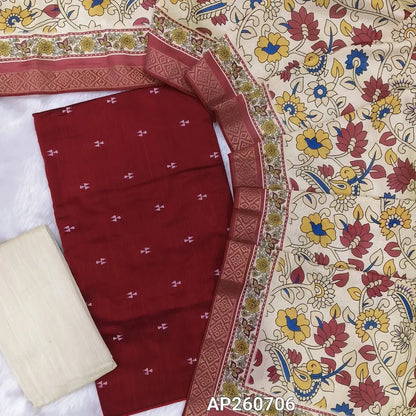 Reddish maroon slub silk cotton unstitched salwar material, thread buttas all over(lining needed)half white silk cotton bottom,digital printed colorful dupatta with zari woven borders. AP260706