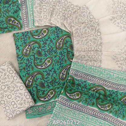 Turquoise green hand block printed pure mul cotton unstitched salwar material, (lining optional) hand block printed pure cotton bottom,block printed full length mul cotton dupatta.(TAPINGS NEEDED, INCONSISTENT PRINTS ARE NOT DEFECTS) AP260712