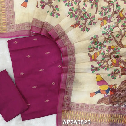 Rani pink slub silk cotton unstitched salwar material, thread buttas all over(lining needed)silk cotton bottom,colourful digital printed semi linen dupatta with gold tissue borders. AP260820