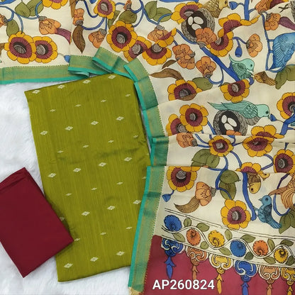 Green premium raw silk unstitched salwar material,thread weaving buttas all over, (textured, Lining needed) reddish maroon spun bottom, original pen kalamkari chennuri silk dupatta with zari borders. (INCONSISTENT STAINS ARE NOT DEFECTS). AP260824