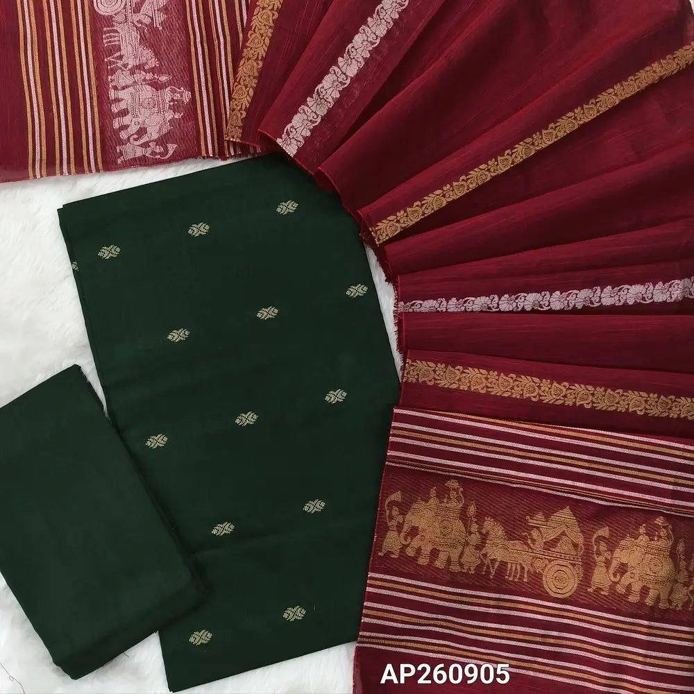 Dark green slub silk cotton unstitched salwar material, thread weaving all over(lining needed)matching silk cotton bottom,silver and gold zari weaving on slub silk cotton dupatta with pallu.(TAPING NEEDED) AP260905