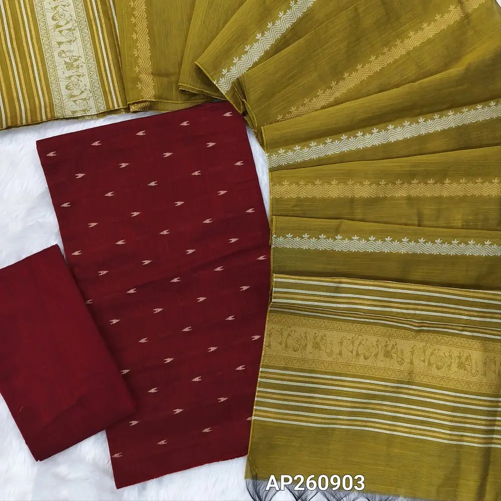 Dark maroon slub silk cotton unstitched salwar material, thread weaving all over(lining needed)matching silk cotton bottom,silver and gold zari weaving on slub silk cotton dupatta with pallu.(TAPING NEEDED) AP260903