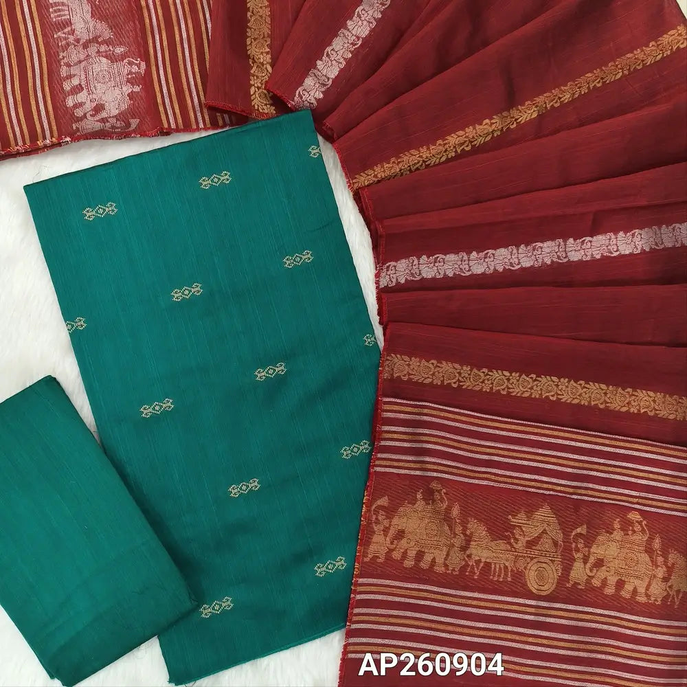Dark teal blue slub silk cotton unstitched salwar material, thread weaving all over(lining needed)matching silk cotton bottom,silver and gold zari weaving on slub silk cotton dupatta with pallu.(TAPING NEEDED) AP260904