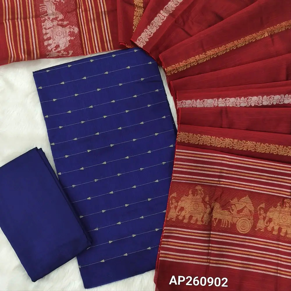 Royal blue slub silk cotton unstitched salwar material, thread weaving all over(lining needed)matching silk cotton bottom,silver and gold zari weaving on slub silk cotton dupatta with pallu.(TAPING NEEDED) AP260902