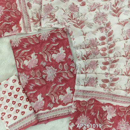 Pink hand block printed pure mul cotton unstitched salwar material, (thin,lining optional) hand block printed cotton bottom,block printed full length mul cotton dupatta.(TAPINGS NEEDED, INCONSISTENT PRINTS ARE NOT DEFECTS) AP261019