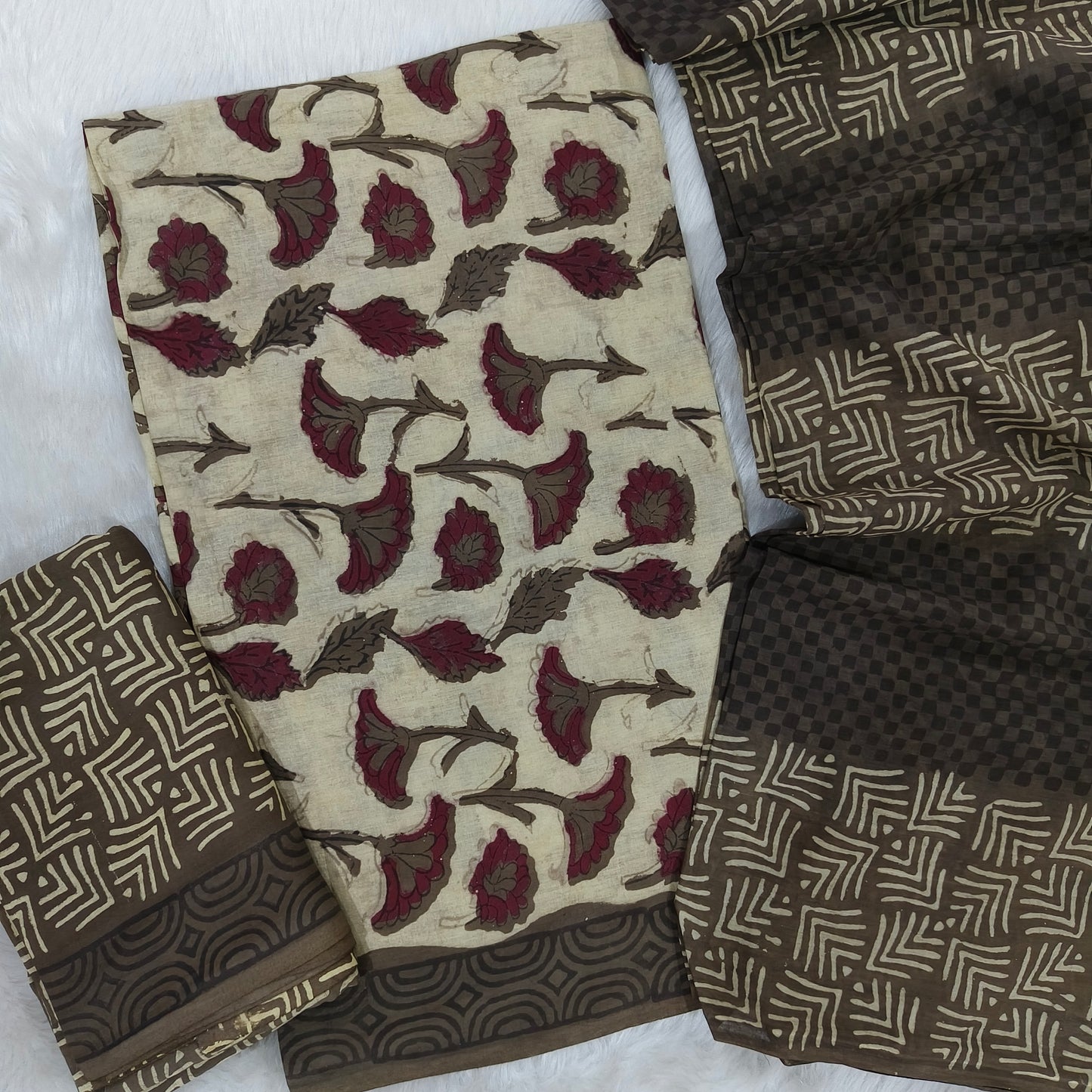 Handblock printed bagru unstitched salwar material, block printed cotton bottom and block printed cotton dupatta. TAPINGS NEEDED, INCONSISTENCY IN PRINTS, DYES  and STAINS are not considered as defects as they are authentic block printed pieces. AP262824