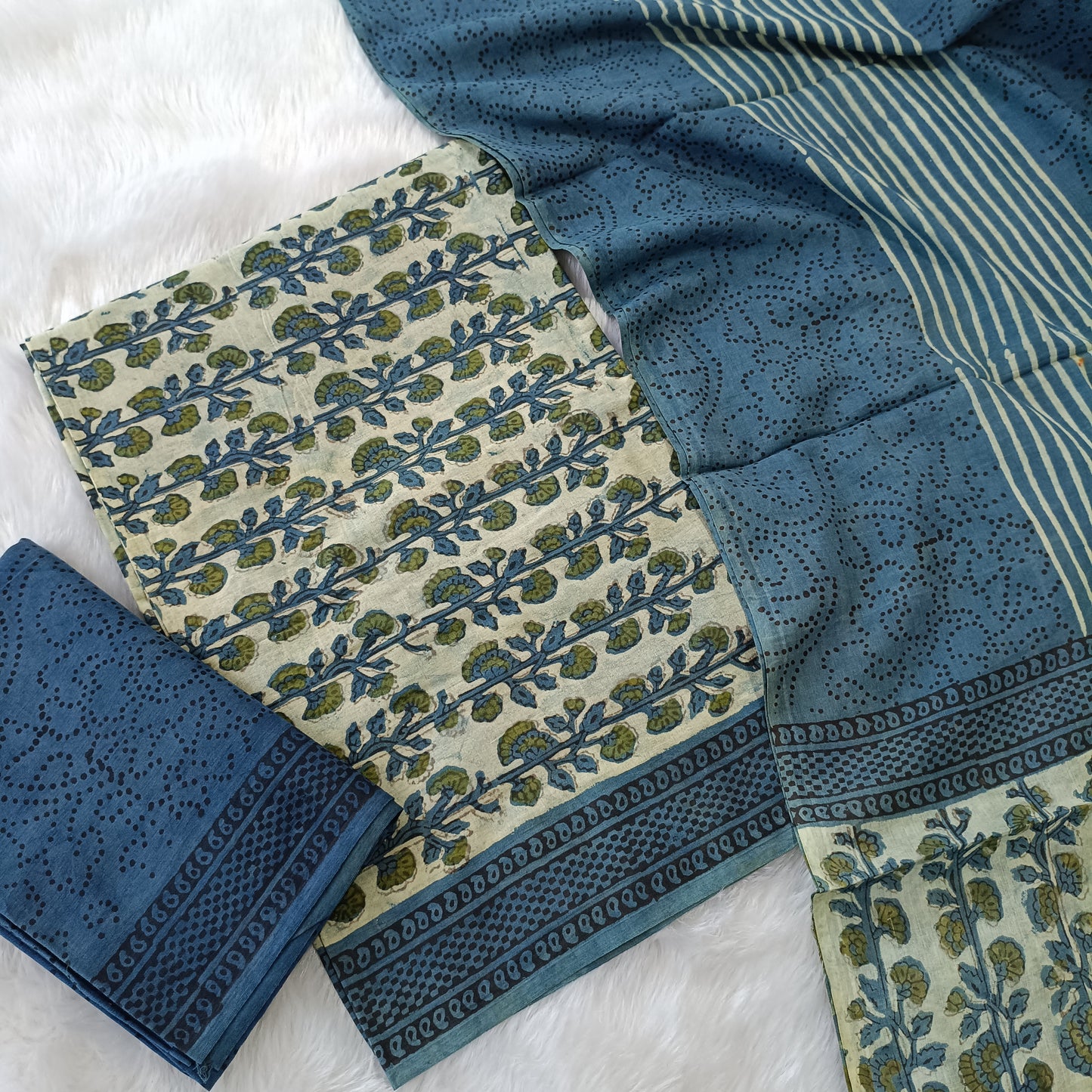 Handblock printed bagru unstitched salwar material, block printed cotton bottom and block printed cotton dupatta. TAPINGS NEEDED, INCONSISTENCY IN PRINTS, DYES  and STAINS are not considered as defects as they are authentic block printed pieces. AP262825