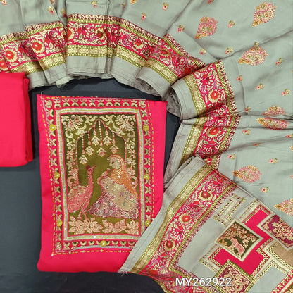 Bright pink premium modal cotton unstitched salwar material, digital printed yoke with kantha stitch& sequins work(lining needed)matching spun cotton bottom, foil printed modal cotton stole like dupatta. MY262922