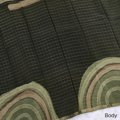 Dark Olive Green Viscous Chanderi silk saree with shibori prints all over and zari checks all over, thin zari woven borders and running viscous chanderi zari woven blouse. NS57