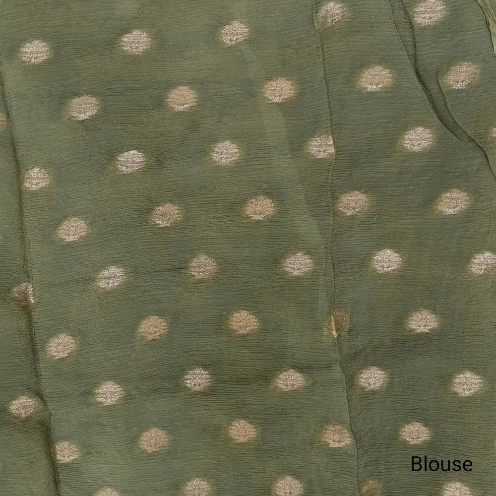 Dark Olive Green Viscous Chanderi silk saree with shibori prints all over and zari checks all over, thin zari woven borders and running viscous chanderi zari woven blouse. NS57