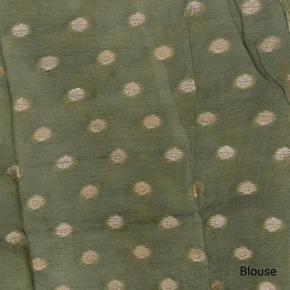 Dark Olive Green Viscous Chanderi silk saree with shibori prints all over and zari checks all over, thin zari woven borders and running viscous chanderi zari woven blouse. NS57