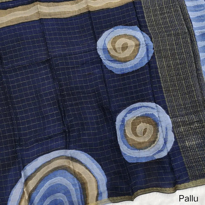 Dark Blue Viscous Chanderi silk saree with shibori prints all over and zari checks all over, thin zari woven borders and running viscous chanderi zari woven blouse. NS59