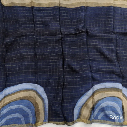 Dark Blue Viscous Chanderi silk saree with shibori prints all over and zari checks all over, thin zari woven borders and running viscous chanderi zari woven blouse. NS59