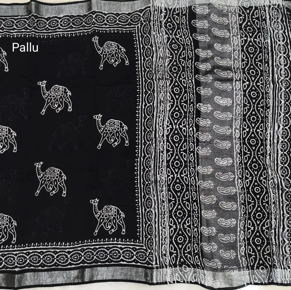 Black block printed linen cotton saree with double side silver zari borders (lightweight,soft) printed pallu with silver zari stripes, plain running blouse with borders. NS62