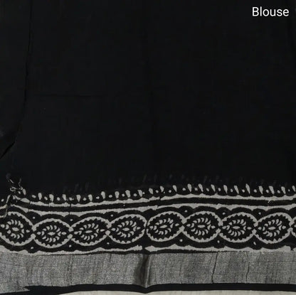 Black block printed linen cotton saree with double side silver zari borders (lightweight,soft) printed pallu with silver zari stripes, plain running blouse with borders. NS62