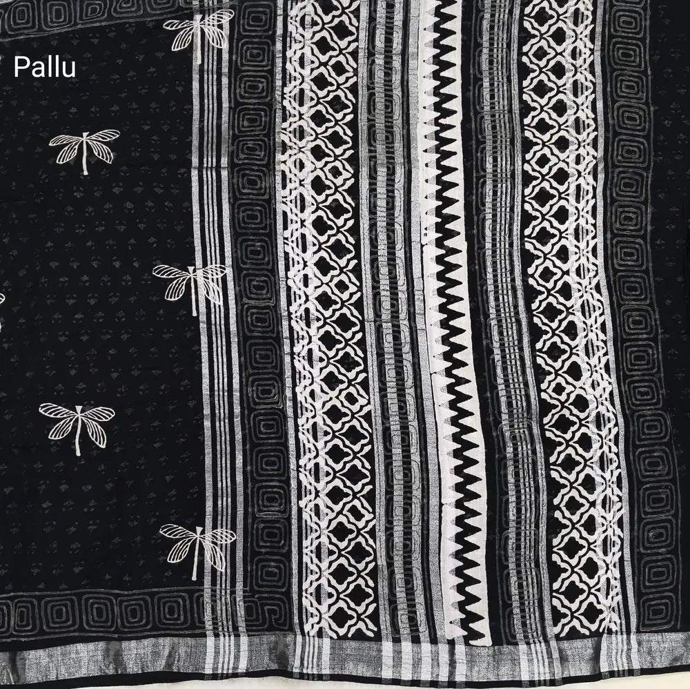 Black block printed linen cotton saree with double side silver zari borders (lightweight,soft) printed pallu with silver zari stripes, plain running blouse with borders. NS60